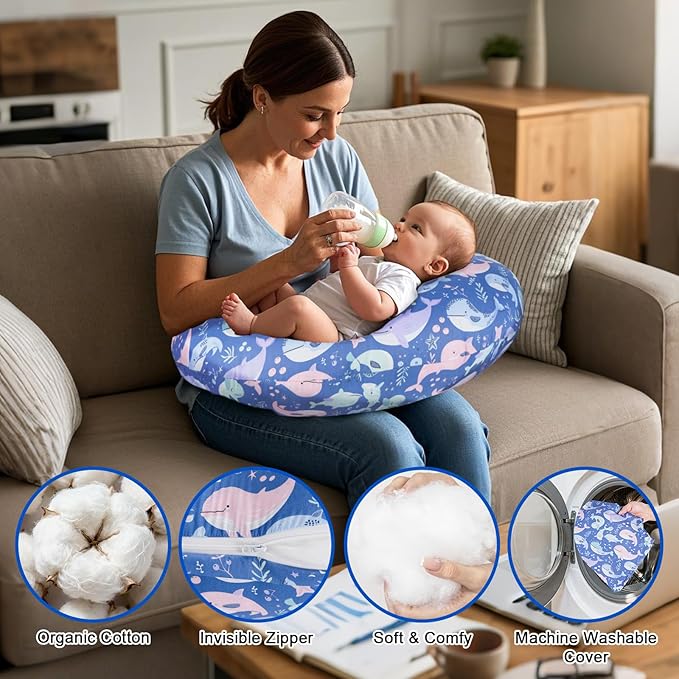 Nursing Pillow Cover, Compatible with Boppy Nursing Pillow Original Size, Breastfeeding Pillow Slipcover for Baby Boys & Girls, Organic Cotton, Machine Washable & Breathable, Blue Whale