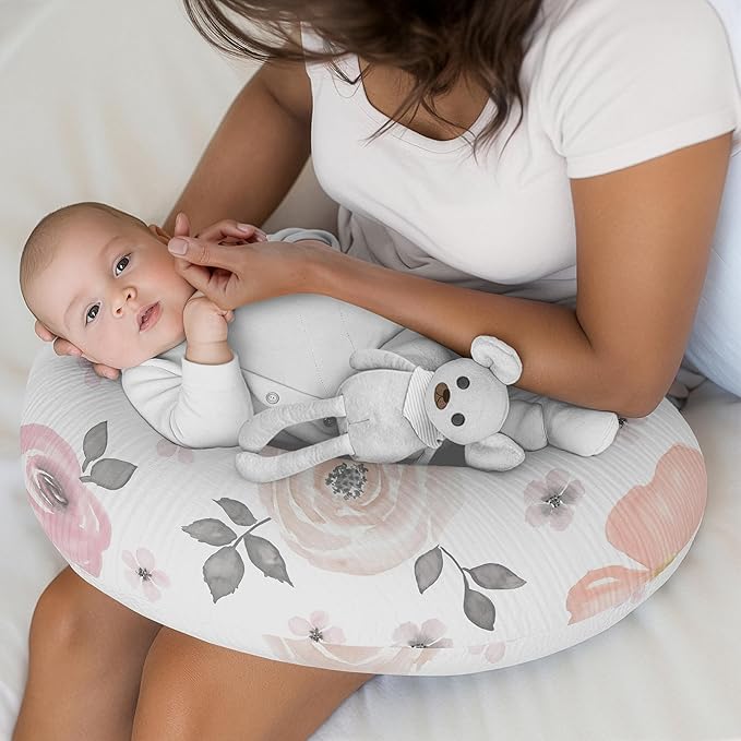 Sweet Jojo Designs 2-Piece Muslin Nursing Pillow Covers Set (Pink/Grey Watercolor Floral) for Newborn Baby Girls 100% Cotton Breastfeeding Pillowcases-PILLOW NOT INCLUDED (Shabby Chic, Boho Farmhouse)