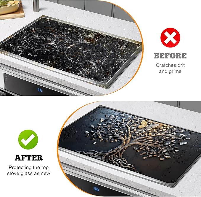 Multi-Design Stove Top Cover for Glass/Electric Stoves - 3-in-1 Heat-Resistant Protector Mat, Non-Slip Drying Rack 28"x20" (Tree of Life - Black, 28" L x 20" W)