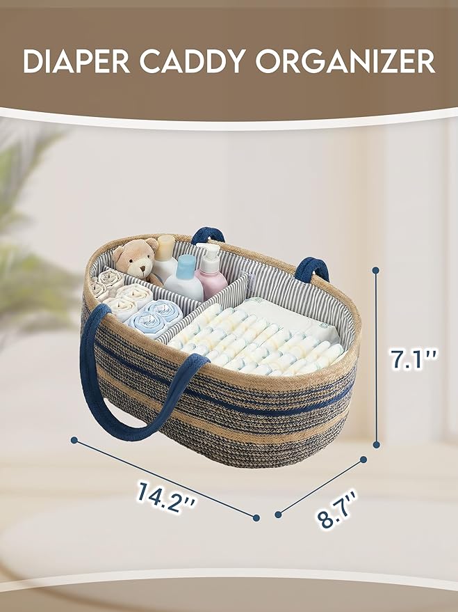 ZOES HOMEWARE Sapphire Blue Diaper Caddy Organizer, Jute Woven Baby Basket, Baby Caddy Nursery Storage Organizer, Shower Gifts for Newborn, Hand Woven Crafted (Brown&Blue),14.2"x 8.7"x7.1”