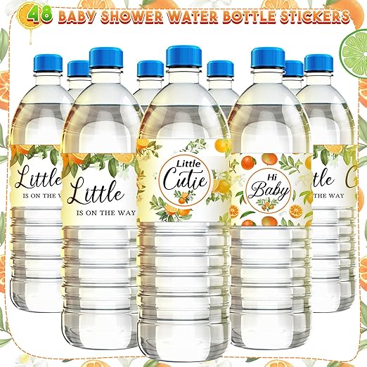 48 Pieces Little Cutie Baby Shower Water Bottle Labels Orange Water Bottle Wrapper Stickers Party Favors Decorations for Boy Girl Baby Shower, 3 Styles