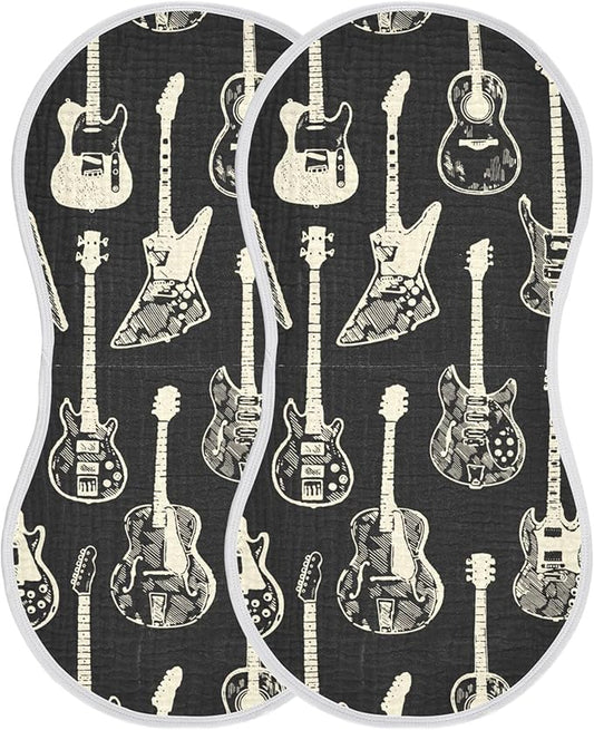 Black Guitar Music Burp Cloths Baby Boys Girls Absorbent Soft Cotton Burping Cloths Rags 2 Pack