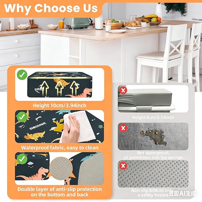 Toddler Booster Seat for Dining Table with Adjustable Straps, Kids Booster Seat for Kitchen Chair with Non-Slip Bottom, Portable Detachable Washable Increasing Cushion (Dinosaur)