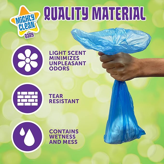 Mighty Clean Baby Disposable Diaper Bag Refill Rolls - Waste Sacks with Light Powder Scent - 144 Count