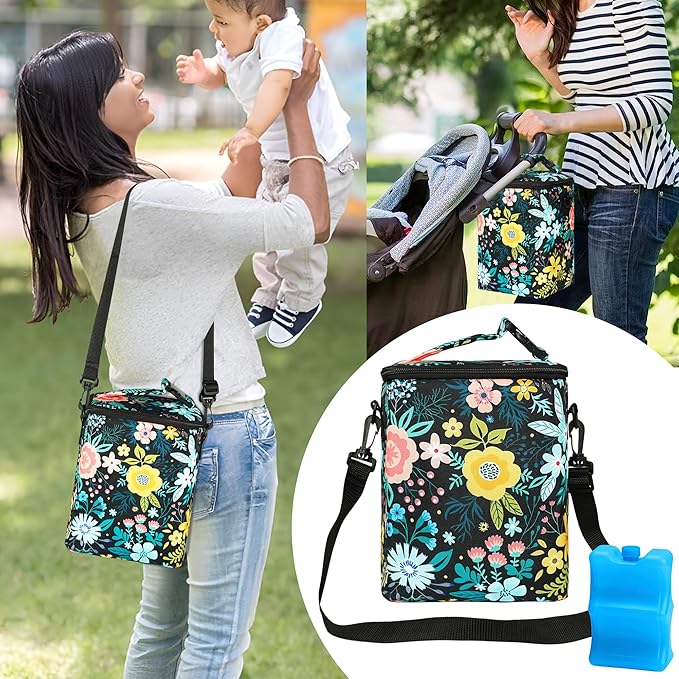 Breastmilk Cooler Bag with Ice Pack Fits 4 Baby Bottles Up To 9 Ounce Insulated Baby Bottle Bag Breast Milk Cooler on the Go with Strap Cooler Bag for Nursing Mom Daycare or Travel