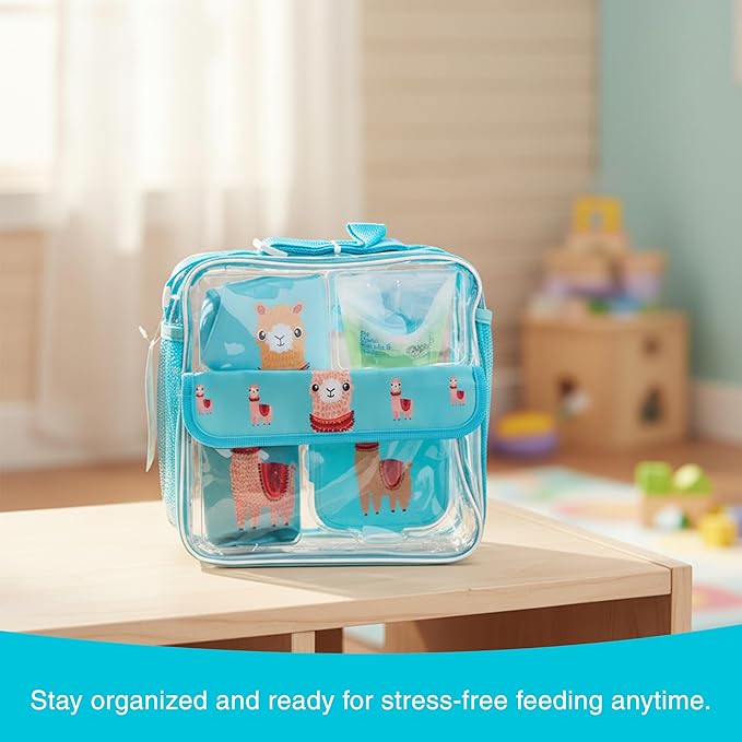 Refresh-A-Baby Feeding Essentials Kit for Feeding on the go, Feeding Travel Set with Universal Bottle Top Adaptor, Resealable Container, Silicone Bib, Clear Travel Bag & More (Llama Love)