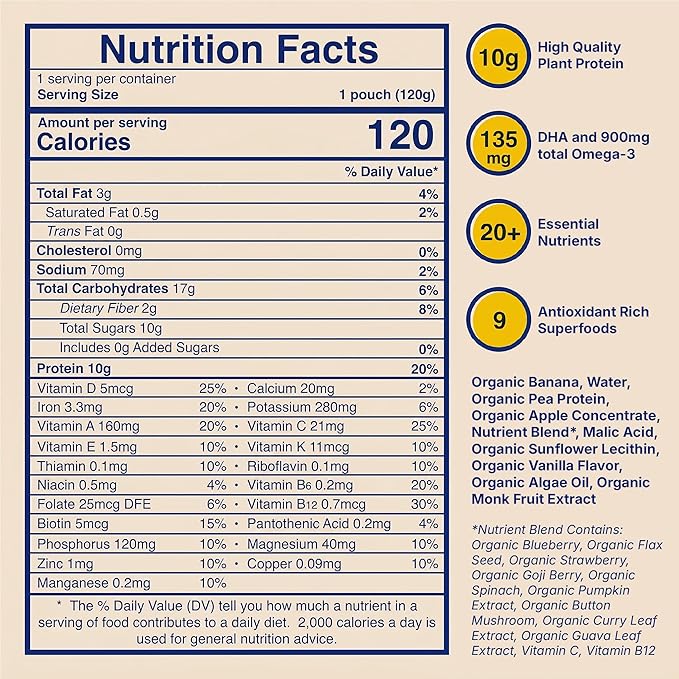 Vitala Organic Protein Smoothie Pouches for Kids & Adults, 10g Plant Protein, 135mg DHA 900mg Omega-3, Real Vegetables, No Added Sugar, Allergen Free, Ivy League Developed, 10 Count (Pacific Berry)