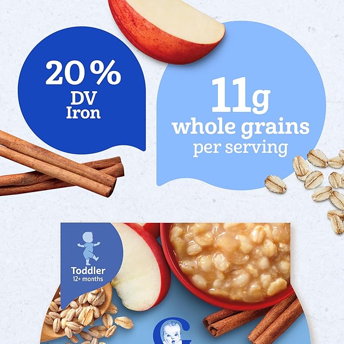 Gerber Oatmeal and Barley Apple Cinnamon Cereal, Toddler Oatmeal, Iron, Whole Grains, 8PK (Pack of 2)