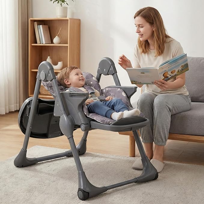 BABY JOY Foldable High Chair, Portable Highchairs for Babied and Toddlers with Adjustable Height, Backrest & Footrest, Double Removable Tray, Built-in Wheels, Baby Feeding Chair for 6-36 Months