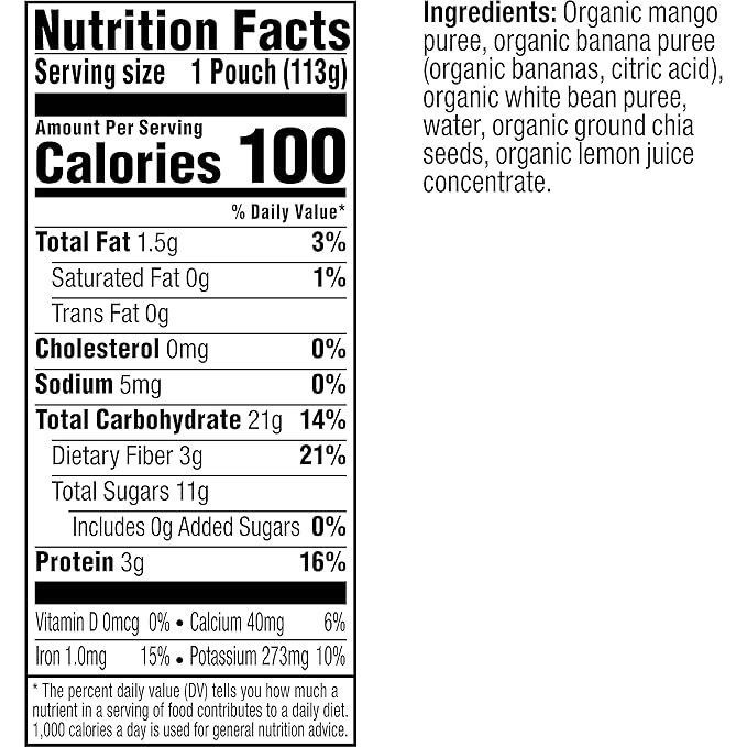 Plum Organics - +12 Months Organic Baby Food - Mango, Banana, White Bean & Chia - Non-GMO - On-The-Go Pouches for Baby & Toddler Meals - Quality Tested Ingredients - 4 oz (Pack Of 12)