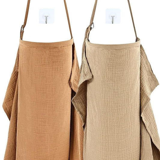 Cinaci 2 Pack Pure Cotton Muslin Lightweight Breathable Breastfeeding Nursing Cover Blankets with Adjustable Metal Clasp (Camel+Khaki)