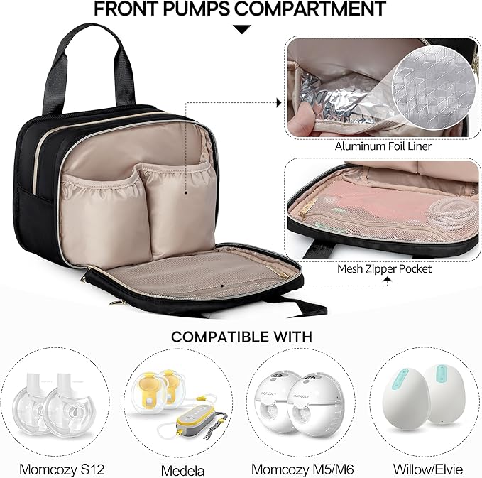 Fasrom Wearable Breast Pump Bag with Cooler and Ice Pack Compatible with Momcozy, Medela and Elvie Pumps, Insulated Pump Carrying Case to Hold Extra Pump Parts, Black (Patent Design)