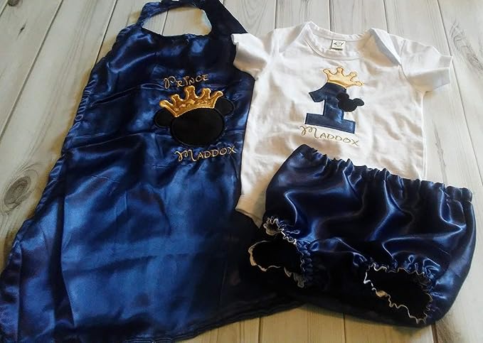 1st 2nd Birthday Smash cake photo prop KING or PRINCE MICKEY NAVY BLUE gold crown onesie cape diaper cover 6 months to 24 months
