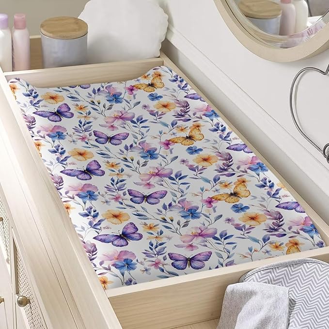 Butterfly Changing Pad Cover for Baby Floral Diaper Change Table Covers with Elastic Edge Easy to Install Baby Nursery Diaper Changing Pad Sheets