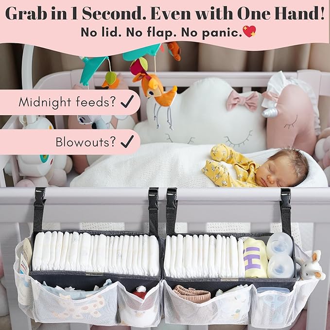 Diaper Caddy Organizer for Crib, 2-Pack Hanging Diaper Stacker Nursery Storage Bags - Large Capacity for Baby Essentials - Hold 50+ Diapers，Made of Washable Durable Oxford Fabric（Snap Buckle）