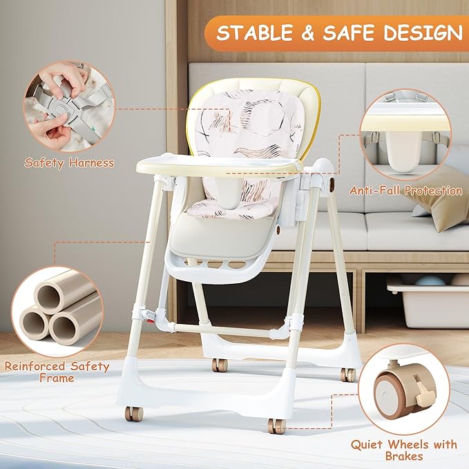 High Chairs for Babies and Toddlers, Foldable High Chair with Lockable Wheels, 4-in-1 Convertible, Adjustable Reclining Seat with Leg Rest & 5-Point Harness, Soft Cushion, Portable When Folded, Beige