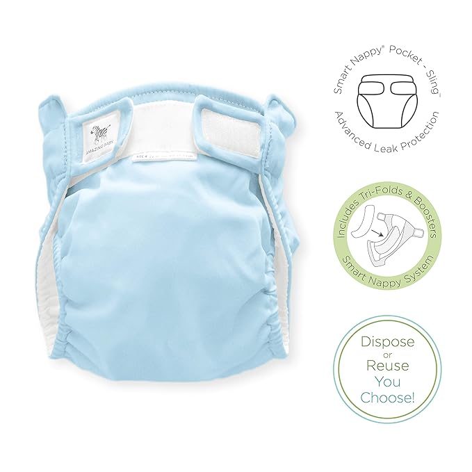 Amazing Baby Hybrid Cloth Diaper Cover with Pocket-Sling, Large, Sz 4 (22-40 lbs), Use Boosties Inserts, Pastel Blue, SmartNappy Set includes Swim Cover + Tri-fold Insert + Booster Pad