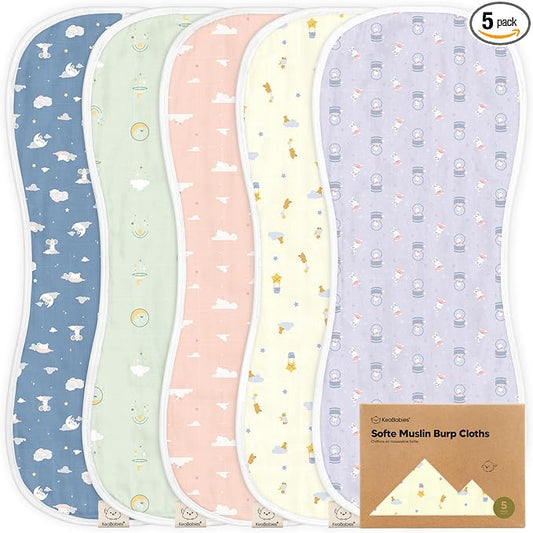 5-Pack Muslin Burp Cloths Baby Boy, Girl - Very Absorbent Baby Burp Cloth Rags, 8-Layers Viscose Derived from Bamboo Cotton Muslin Towel, Super Soft Spit Up Rags, No Shrink Washcloths (Dreamers)