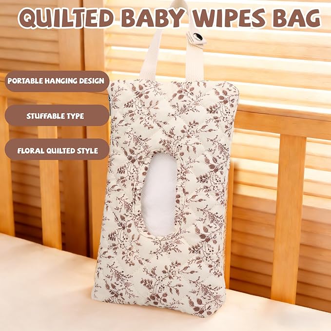 Quilted Wipes Pouch, Fillable Floral Baby Wipe Holder Cover with Lanyard Portable Mommy Bag for Stroller Travel Stroller Daily Casual (Brown)