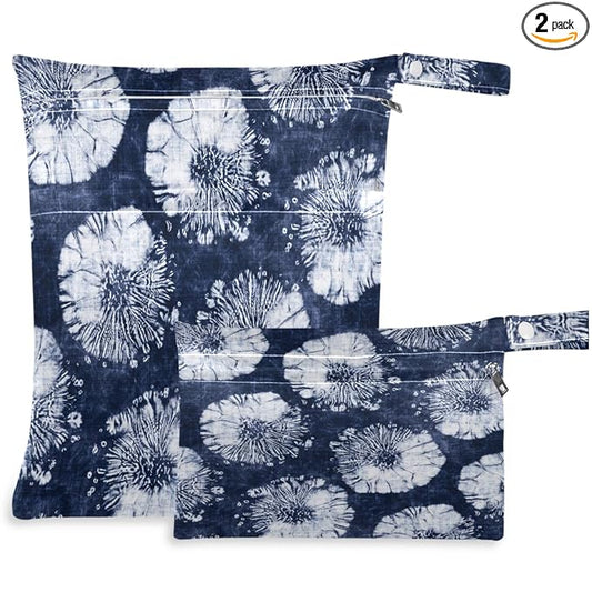visesunny Abstract Tie Dye Floral 2Pcs Wet Bag with 2 Zippered Pockets Snap Handle Washable Reusable Roomy for Travel,Beach,Pool,Daycare,Stroller,Diapers,Dirty Gym Clothes, Wet Swimsuits, Toiletries