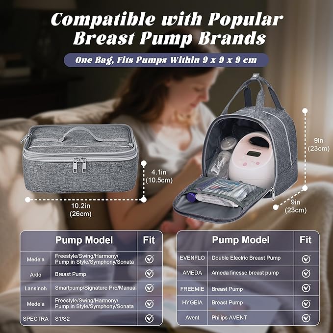 Breast Pump Bag with Insulated Cooler, Double-Layer Pumping Bag for Work & Travel, Fits Most Electric Breast Pumps, Includes 10 Ice Packs & Waterproof Mat, Detachable Bottle Cooler Tote, Grey