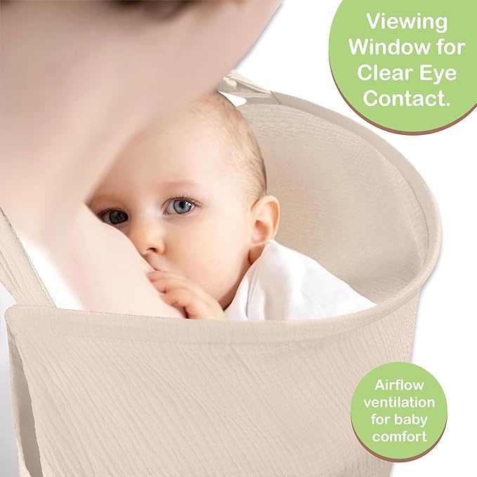 100% Organic Cotton Nursing Cover & Shawl - 43 x 28 Inch Breathable Muslin Breastfeeding Nursing Apron Cover with Arch Neckline for Mothers, Multi-use Carseat Canopy (Ivory)