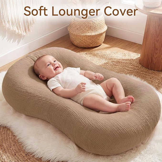 Muslin Baby Lounger Cover 1 Pack, Cotton Soft Breathable Infant Nest Slipcover, Envelope Closure, Compatible with Snuggle Me Loungers, Machine Washable, Cover Only, for Boys Girls(Brown)