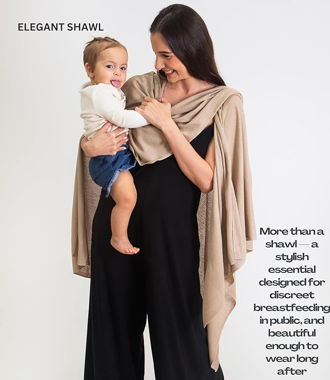 Set Premium Breast Feeding Covers for Women of All Body Types: Ultra Soft Stylish and Breathable Nursing Cover up for Breastfeeding + 4 Reusable Breast Pads for Nursing Comfort (Honey Camel)