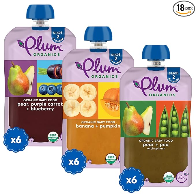 Plum Organics - 6+ Months Organic Baby Food Variety Pack - 3 Flavors - Non-GMO - Fruit & Veggie Blends On-The-Go Pouches for Baby and Toddler Meals - Quality Tested Ingredients - 4 oz (Pack of 18)