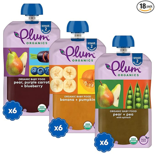 Plum Organics - 6+ Months Organic Baby Food Variety Pack - 3 Flavors - Non-GMO - Fruit & Veggie Blends On-The-Go Pouches for Baby and Toddler Meals - Quality Tested Ingredients - 4 oz (Pack of 18)