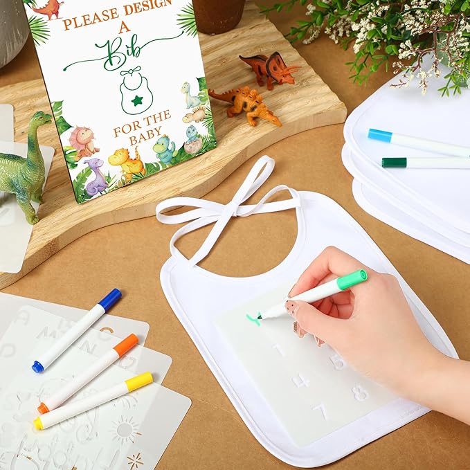 Panitay 100 Pcs DIY Baby Bibs Decorating Kit 50 White Bibs 25 Stencils 24 Markers 1 Baby Shower Game Sign