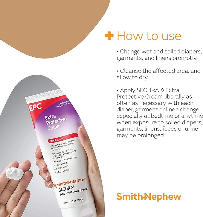 Smith+Nephew SECURA Extra Protective Cream (EPC) Tube, Diaper Rash Cream for Adults, Incontinence Skin Protectant, 3.25 Ounces White