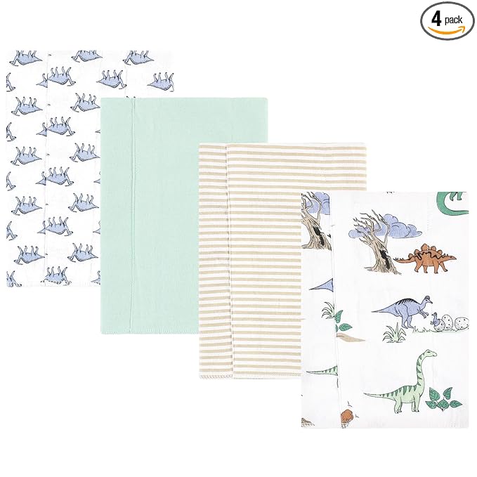 Hudson Baby Unisex Baby Cotton Flannel Burp Cloths 4-Pack, Boy Dino World, One Size