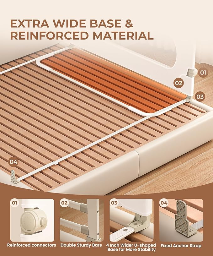 Bed Rail for Toddlers – Foldable Baby Bed Rail, Swing Down Bed Rail Guard with Double Crossbar, Gap-Free Anti-Pinch Design for Queen & King Size Beds, Quick No-Tool Install (Pure White, 59 inch)