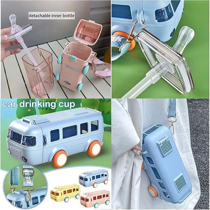 2023 New Portable Water Cup In Bus Shape, 16 OZ Cute Bus Shape Water Bottle, 360° Leak-Proof Portable Water Bottle with Straw and Strap, Bounce Flip Top Straw Water Bottle for Kids (B-Pink)