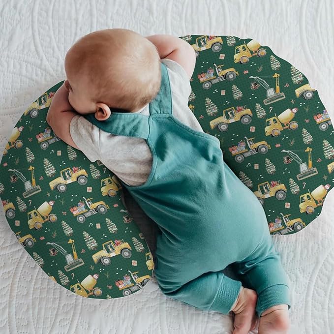 Green Christmas Construction Trucks Baby Nursing Pillow Covers for Boy Girl Dump Truck Excavator Animals Gifts Nursing Pillowcase for Breastfeeding Pillows Winter Holiday Soft Stretchy Slipcovers