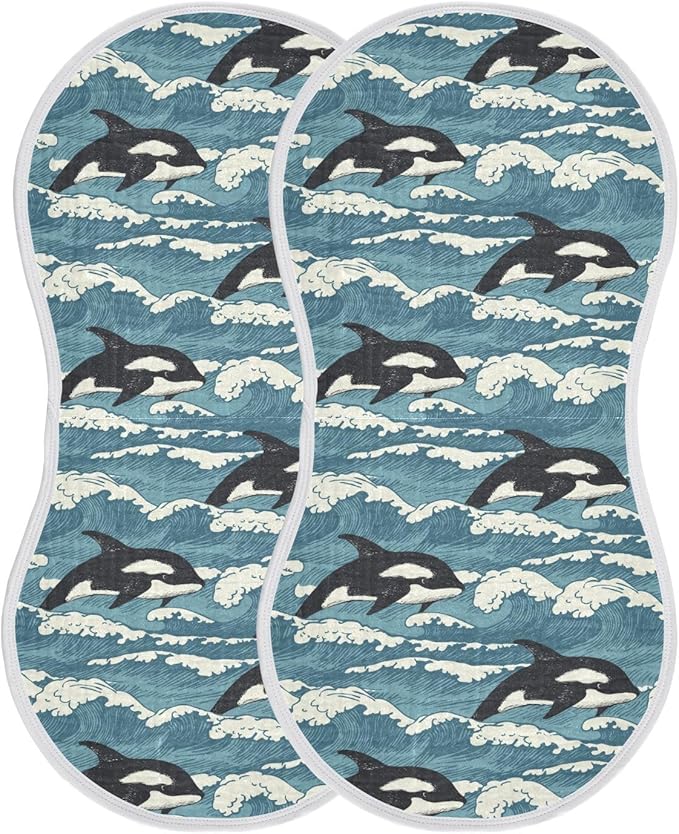 Muslin Burp Cloths for Baby Boys and Girls - 2-Pack Ultra Absorbent Killer Whale Orca Muslin Washcloths, Newborn Towel, Milk Spit Up Rags, Burp Cloth Bibs for Unisex, 22 x 11 Inch
