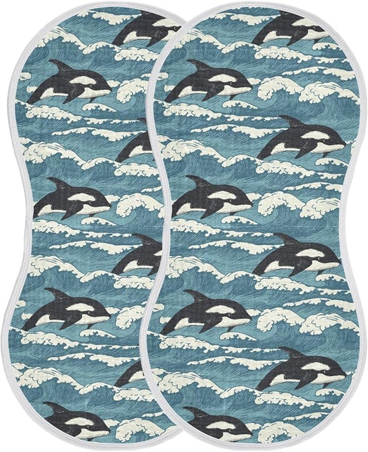 Muslin Burp Cloths for Baby Boys and Girls - 2-Pack Ultra Absorbent Killer Whale Orca Muslin Washcloths, Newborn Towel, Milk Spit Up Rags, Burp Cloth Bibs for Unisex, 22 x 11 Inch