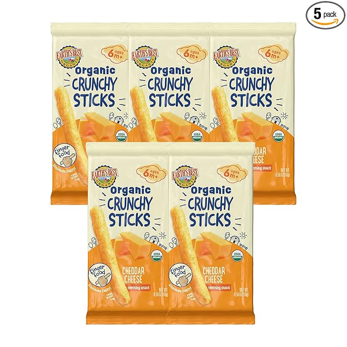 Earth's Best Organic Baby Food, Dissolvable Teething Snack for Babies 6 Months and Older, Cheddar Cheese Crunchy Sticks, .56 oz Pack (Pack of 5)