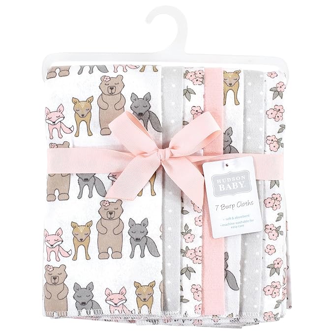 Hudson Baby Unisex Baby Cotton Flannel Burp Cloths 7-Pack, Wild Forest Pink, One Size