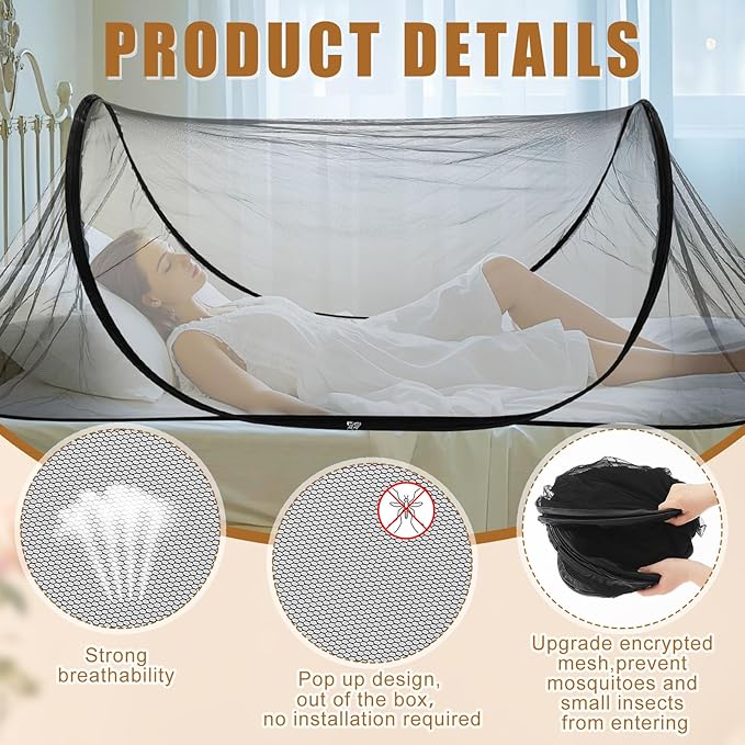 2 Pcs Large Pop up Mosquito Tent Portable Foldable Mosquito Bug Net for Bed Camping Travel Patio Outdoor 78 * 31 * 22 Inch Bug Netting Mesh Tent Canopy for Adults Bedroom, Black