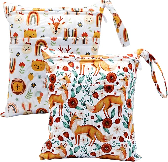 2pcs Cloth Diaper Wet Dry Bags Waterproof Reusable with Two Zippered Pockets Travel Beach Pool Daycare Soiled Baby Items Yoga Gym Bag for Swimsuits or Wet Clothes (FOX)
