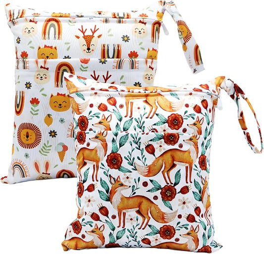 2pcs Cloth Diaper Wet Dry Bags Waterproof Reusable with Two Zippered Pockets Travel Beach Pool Daycare Soiled Baby Items Yoga Gym Bag for Swimsuits or Wet Clothes (FOX)
