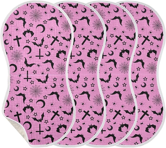 Muslin Burp Cloths for Baby Boys and Girls - 4-Pack Ultra Absorbent Bats Crosses Stars Gothic Muslin Washcloths, Newborn Towel, Milk Spit Up Rags, Burp Cloth Bib for Unisex, 22 x 11 Inch