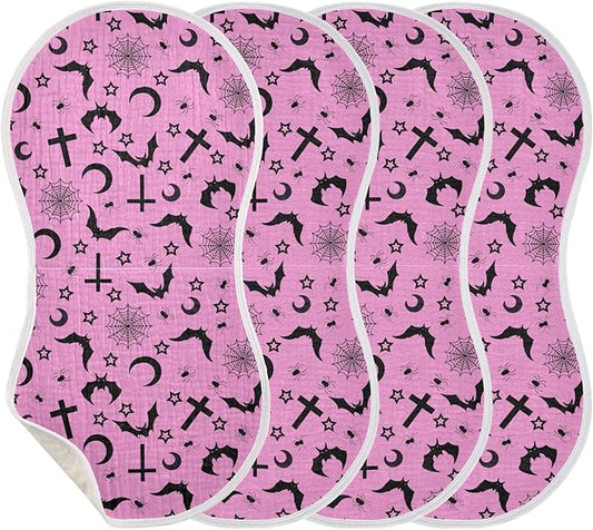 Muslin Burp Cloths for Baby Boys and Girls - 4-Pack Ultra Absorbent Bats Crosses Stars Gothic Muslin Washcloths, Newborn Towel, Milk Spit Up Rags, Burp Cloth Bib for Unisex, 22 x 11 Inch