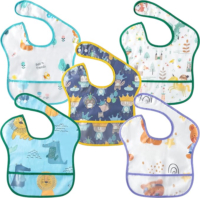 Zainpe 5Pcs Snap Baby Bibs for Boys Girls 6-24 Months Waterproof Stain Resistant Feeding Bib with Food Catcher Pocket