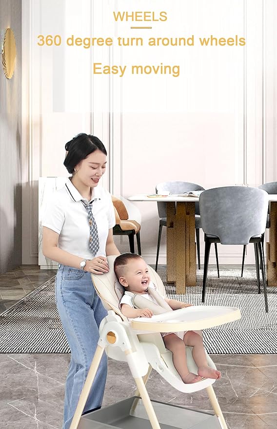 Magic ZC PU Leather Highchair, Adjustable Baby High Chair, High Chairs for Babies and Toddlers, Easy to Fold Baby Chair (808 Khaki)