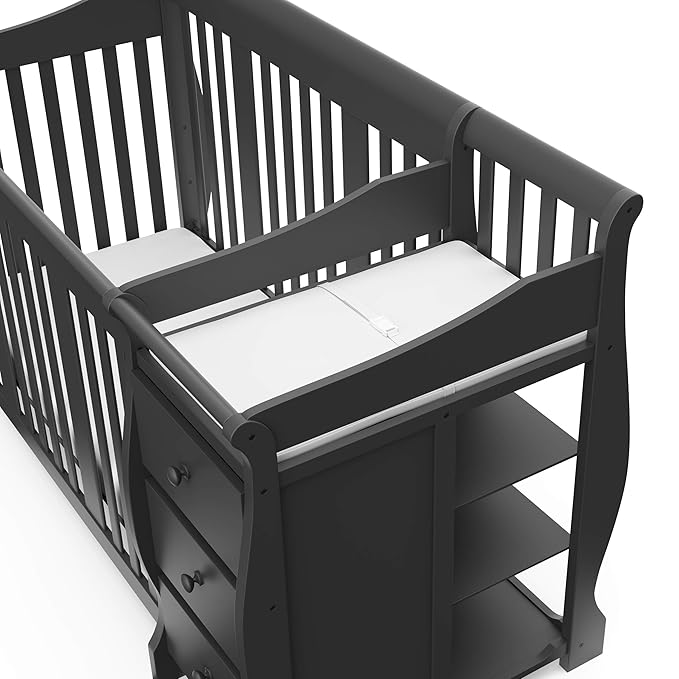 Storkcraft Portofino 5-in-1 Convertible Crib and Changer – Crib and Changing Table Combo with Drawer, Converts to Toddler Bed, Daybed and Full-Size Bed, Storage Drawer (Gray)