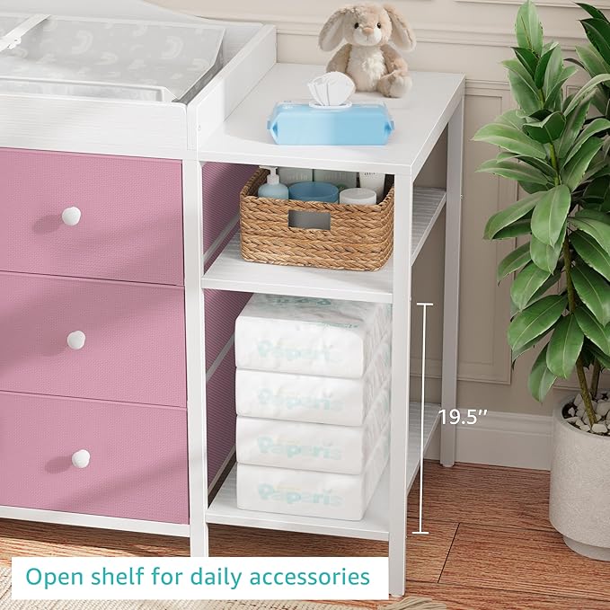 BOLUO Baby Dresser with Changing Table Top, Changing Table Dresser with 6 Fabric Drawers Diaper Changing Station with Storage Shelf for Nursery Modern