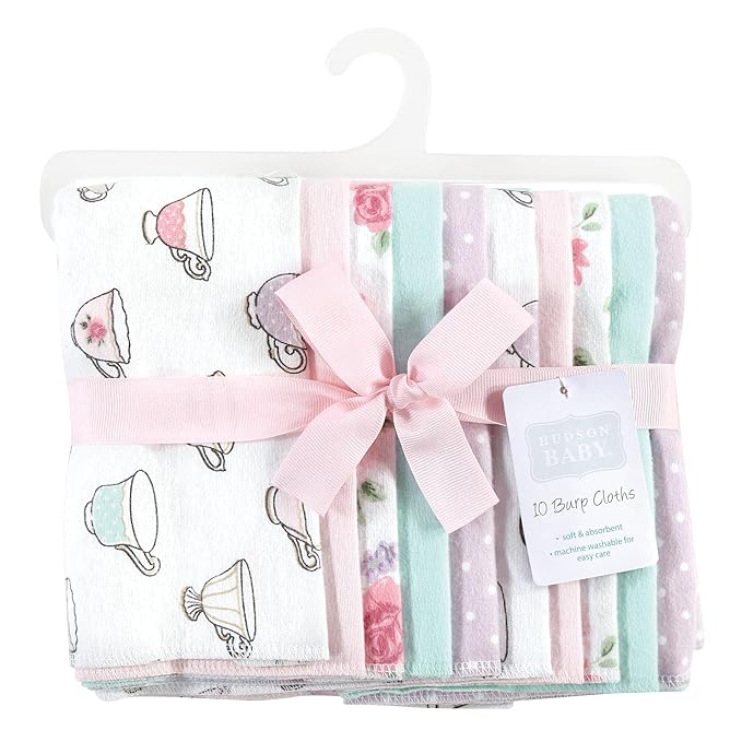 Hudson Baby Unisex Baby Cotton Flannel Burp Cloths, Tea Party, One Size